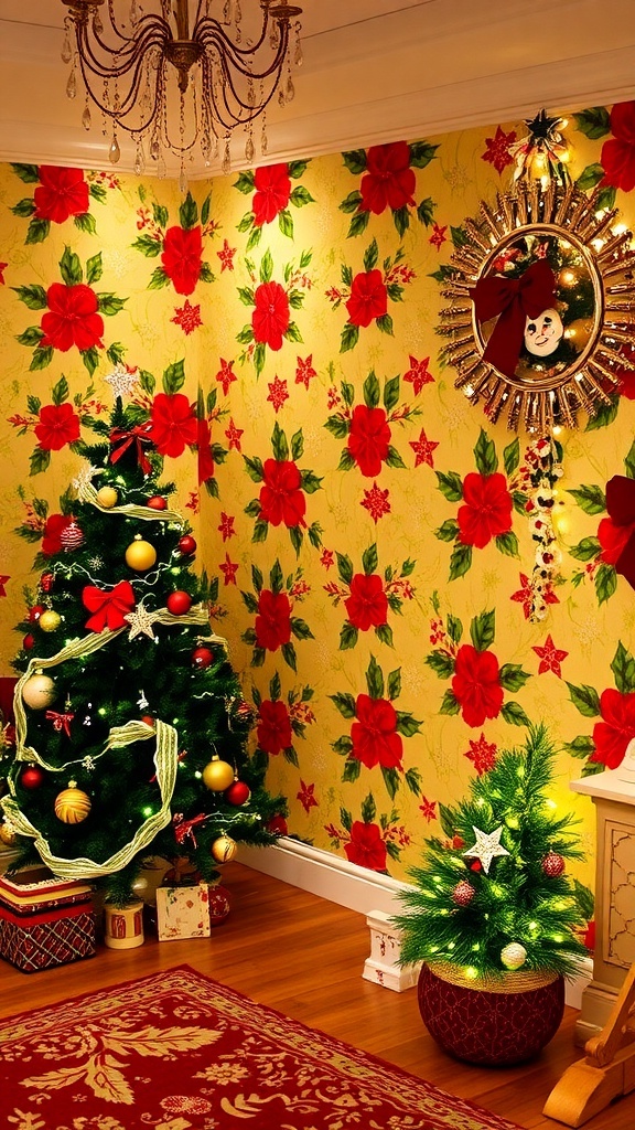 A room with red and green Christmas wallpaper featuring holly and snowflakes, decorated for the holidays.